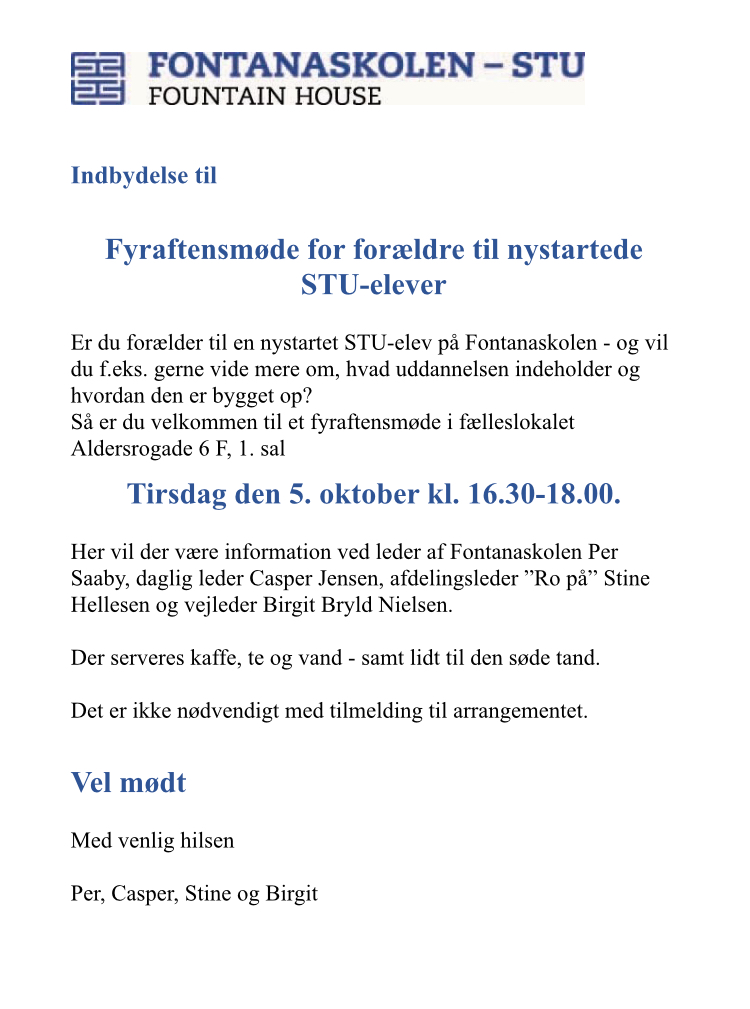 Fyraftensmøde Fontana Forældre
